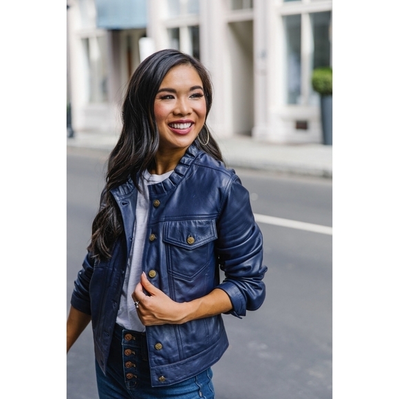Draper James Blue Ruffle Neck 100% Lamb Leather Jacket Size...